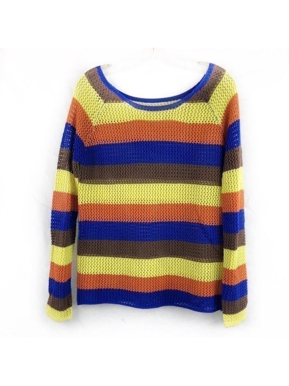 Euc-blu Pepper Vibrant Color Striped, Crochet, RoundNeck, Long Sleeve Boho Top M